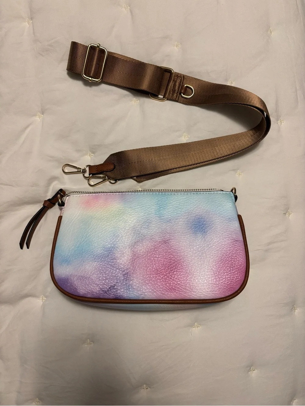 Pastel Tie-Dye Leather Crossbody Bag with Brown Strap